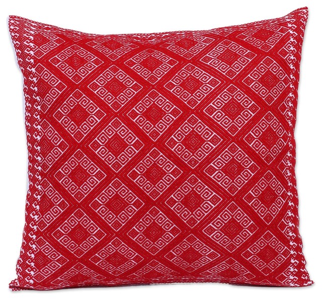 NOVICA Red Delight Maya Back Strap Loom Woven Cotton Cushion Cover Red