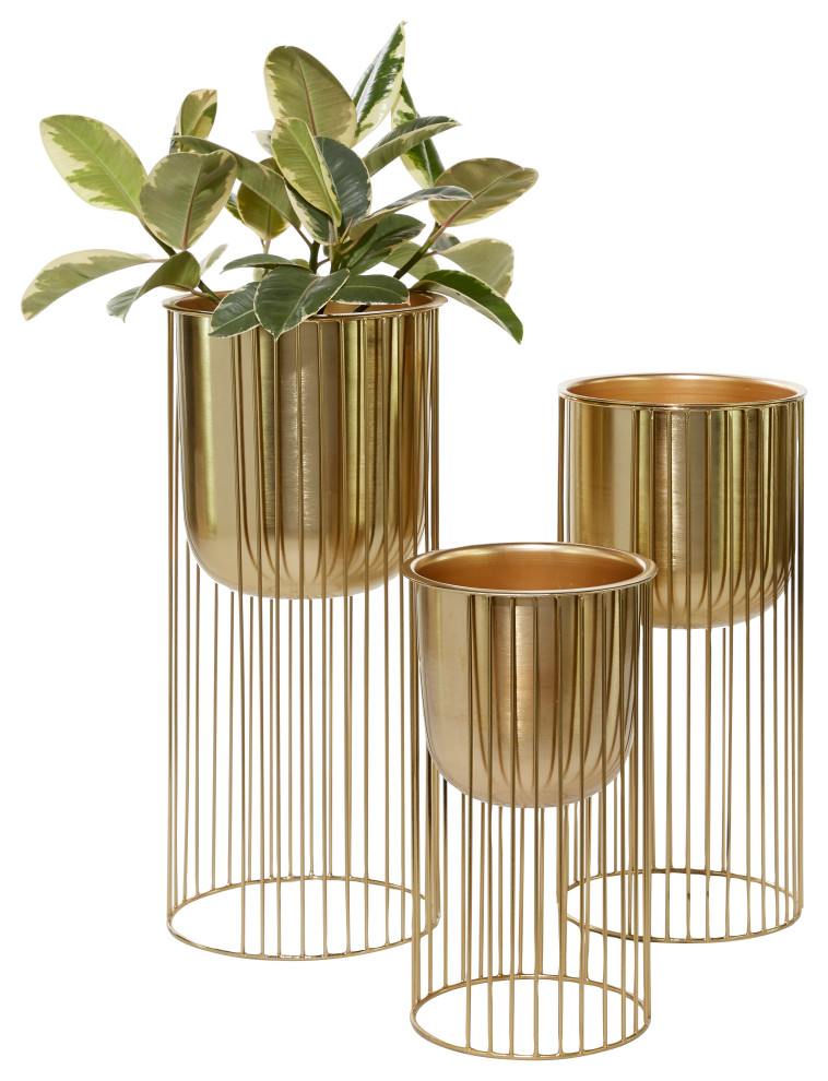 Set of 3 Gold Metal Contemporary Planter, 16", 21", 24" Contemporary