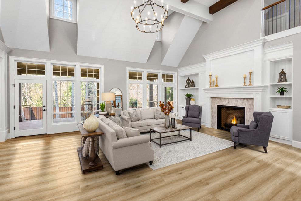 Design ideas for a contemporary formal open concept living room in Los Angeles with grey walls, vinyl floors, a standard fireplace, a tile fireplace surround, no tv, brown floor and vaulted.