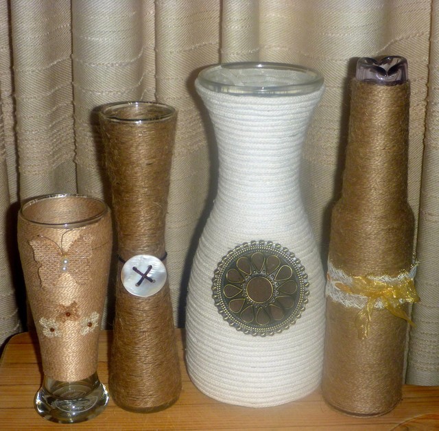 Alternative uses for tall bottles String Wrapped Vases