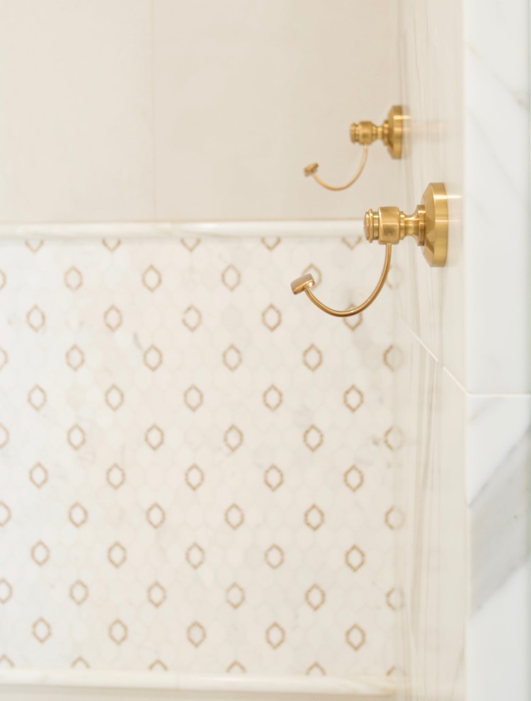 Home design - transitional master white tile and stone tile marble floor home design idea in Phoenix with recessed-panel cabinets, white cabinets, gray walls, an undermount sink and quartz countertops