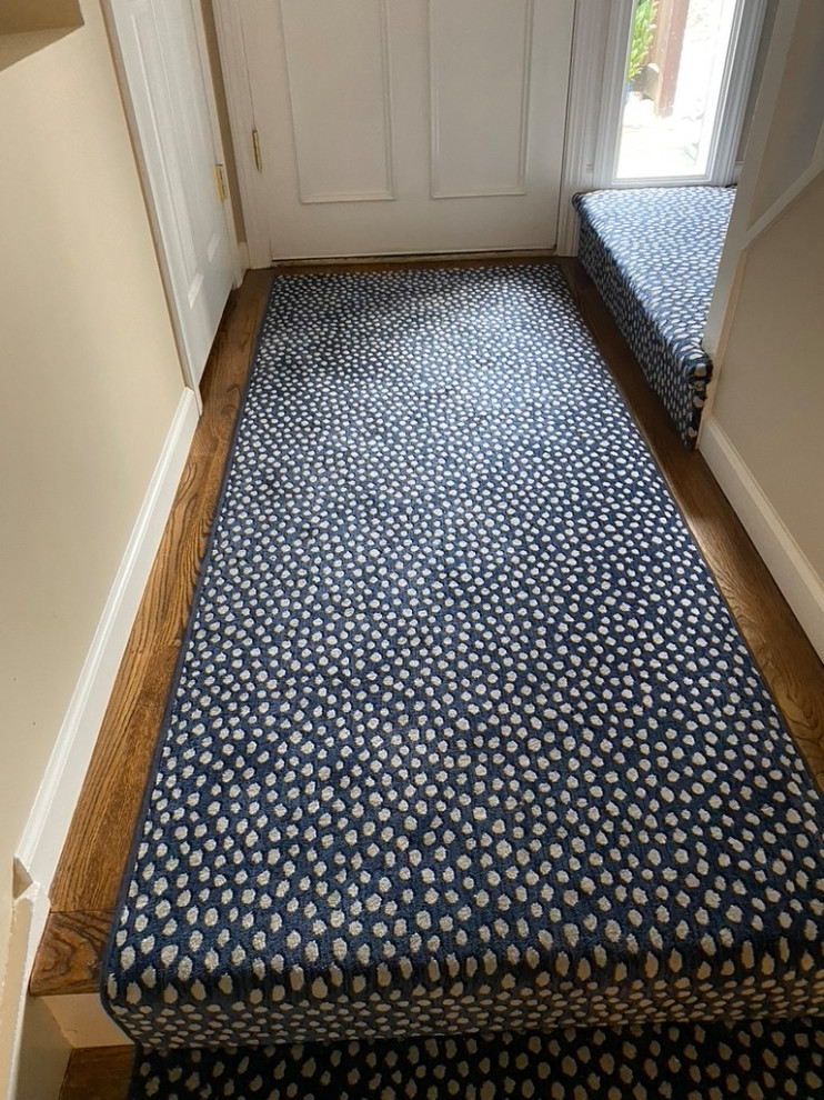 Inspiration for a contemporary foyer in Bridgeport with carpet and blue floor.
