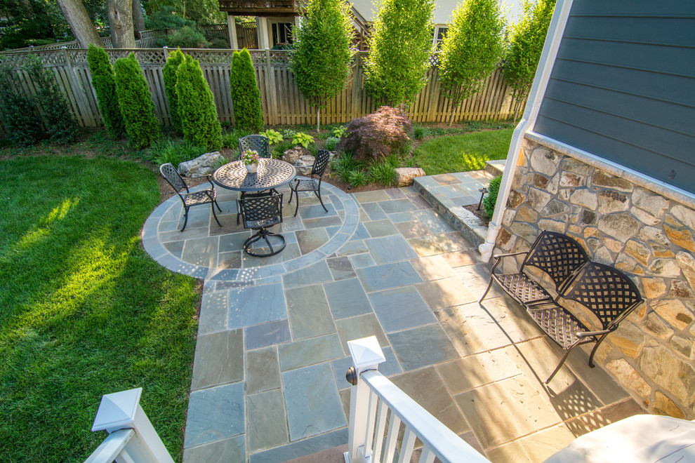 Mid-sized traditional backyard patio in DC Metro with natural stone pavers and no cover.