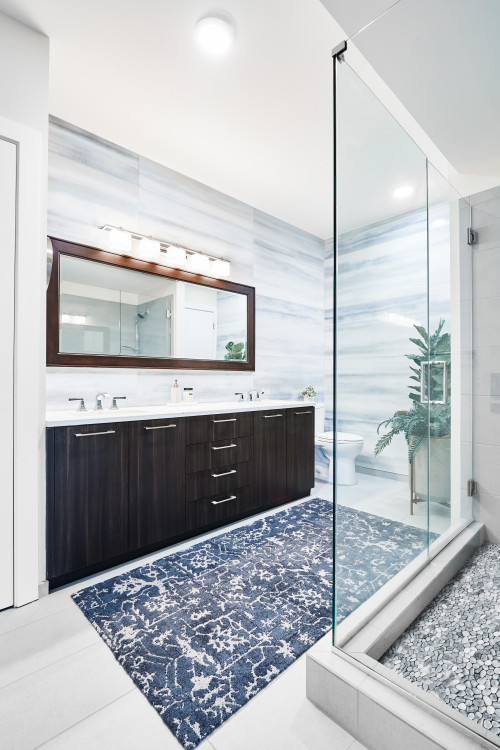 Contemporary Blue and White Bathroom Designs: Dark Wood Vanity