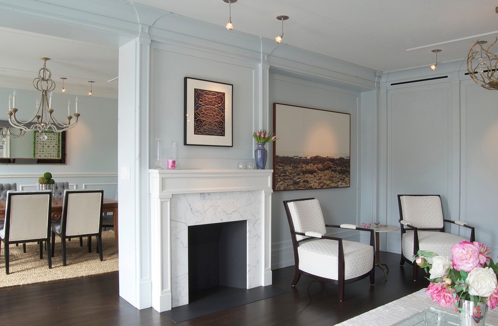 Riverside Drive Apartment - Example of a large transitional formal and open concept dark wood floor living room design in New York with gray walls, a standard fireplace, a tile fireplace and no tv
