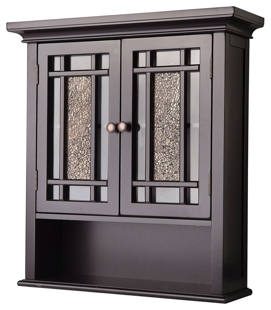 Espresso Bathroom Wall Cabinet With Amber Mosaic Glass Accents