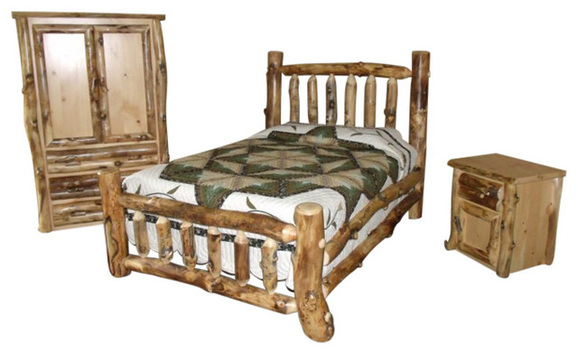 3 Piece Rustic Aspen Log King Bedroom, Log King Bed Set