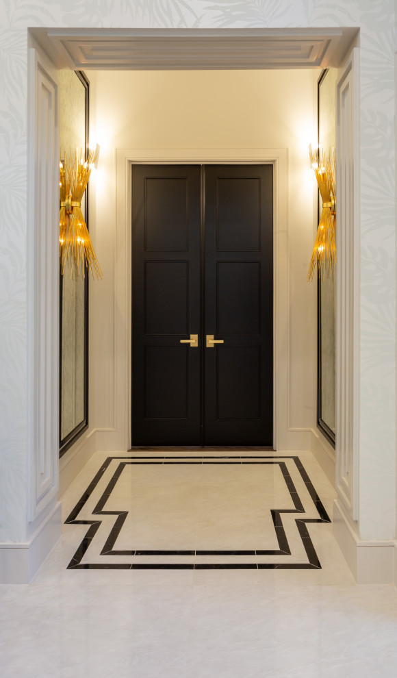 Ispirazione per un ingresso o corridoio bohémian di medie dimensioni con pareti bianche, pavimento in gres porcellanato, pavimento bianco e pareti in legno