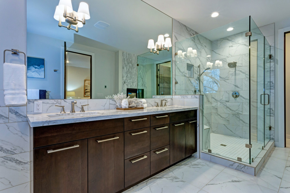 Design ideas for a mid-sized master bathroom in San Francisco with brown cabinets, a corner shower, white tile, cement tile, white walls, ceramic floors, a drop-in sink, granite benchtops, white floor, a hinged shower door and white benchtops.