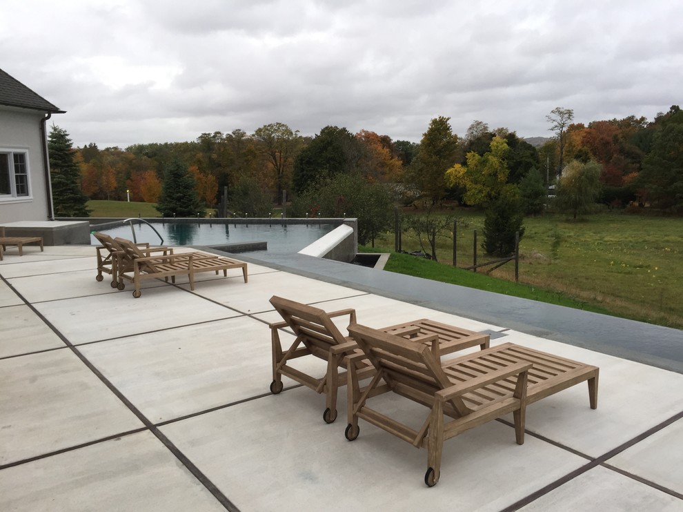 Large country backyard l-shaped lap pool in New York with concrete slab.