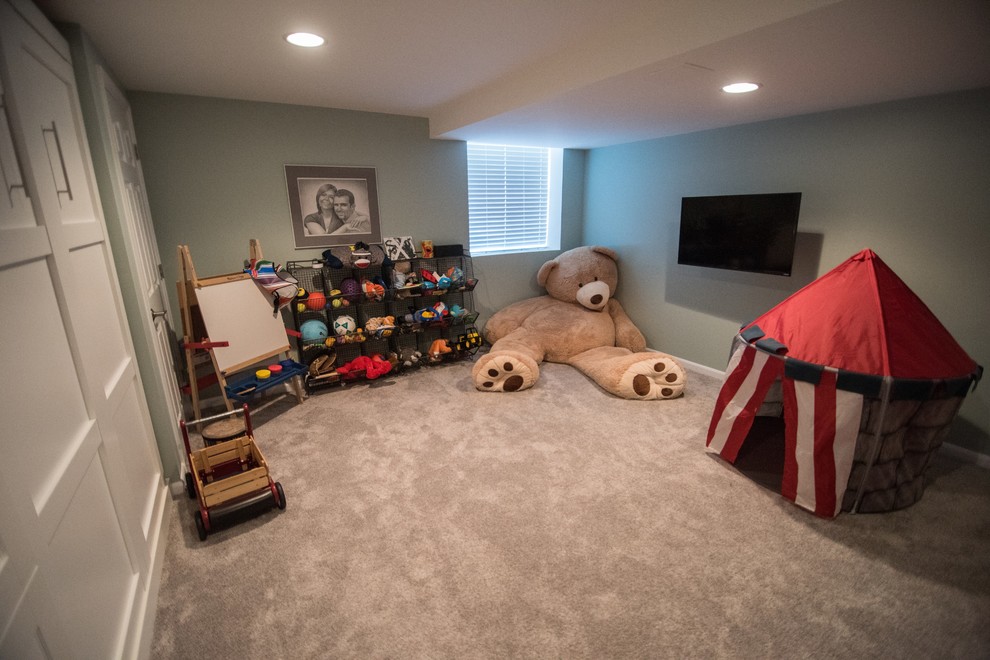 This is an example of a mid-sized country kids' playroom in Detroit with grey walls, vinyl floors and brown floor.