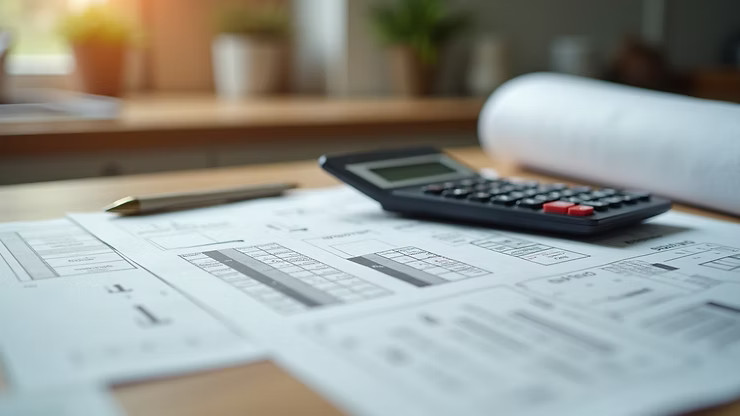 Kitchen renovation budget planning with calculator and plans