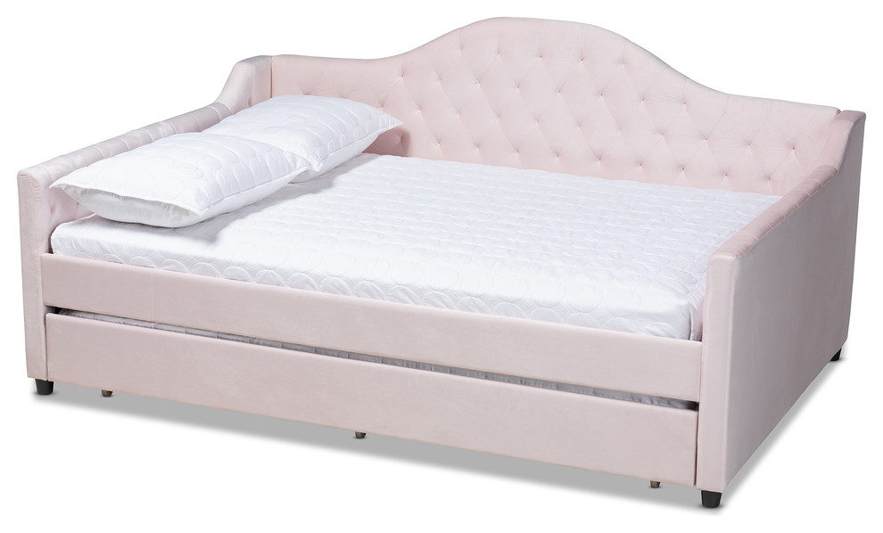 Luanna Light Pink Velvet Upholstered and Button Tufted Queen Daybed