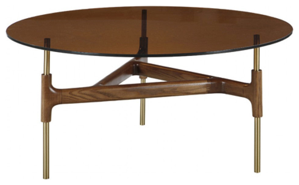 Socrates Modern Round Walnut and Glass Coffee Table Midcentury