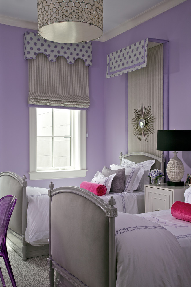 Transitional kids' bedroom in Chicago with purple walls and carpet for kids 4-10 years old and girls.