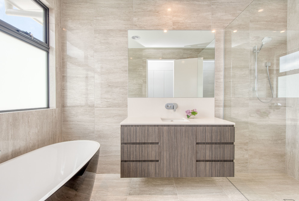 Inspiration for a mid-sized contemporary bathroom in Melbourne with an open shower, brown tile, porcelain floors, engineered quartz benchtops and white benchtops.
