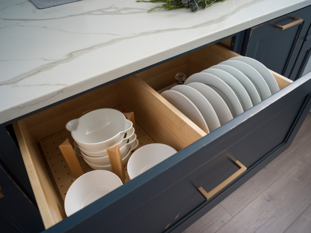Navy Blue Heritage Paint Kitchen With An Organized Plate Rack