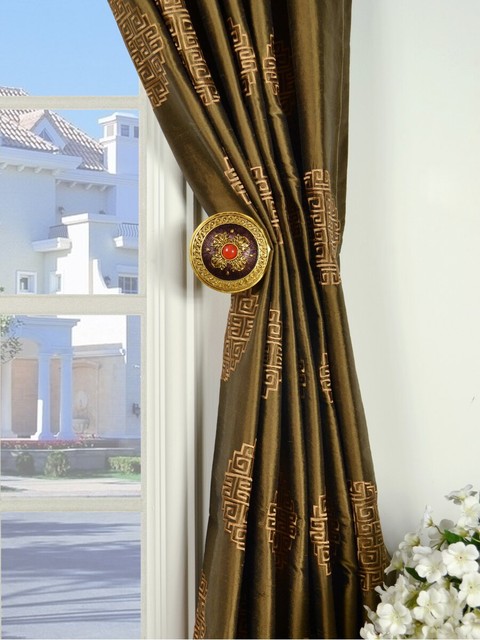 Brown Embroidered Chinese Inspired Grommet Dupioni Silk Curtains