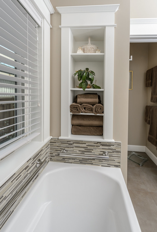 Arts and crafts master bathroom in Portland with an undermount sink, shaker cabinets, medium wood cabinets, quartzite benchtops, an alcove tub, an open shower, beige tile, matchstick tile, beige walls and porcelain floors.