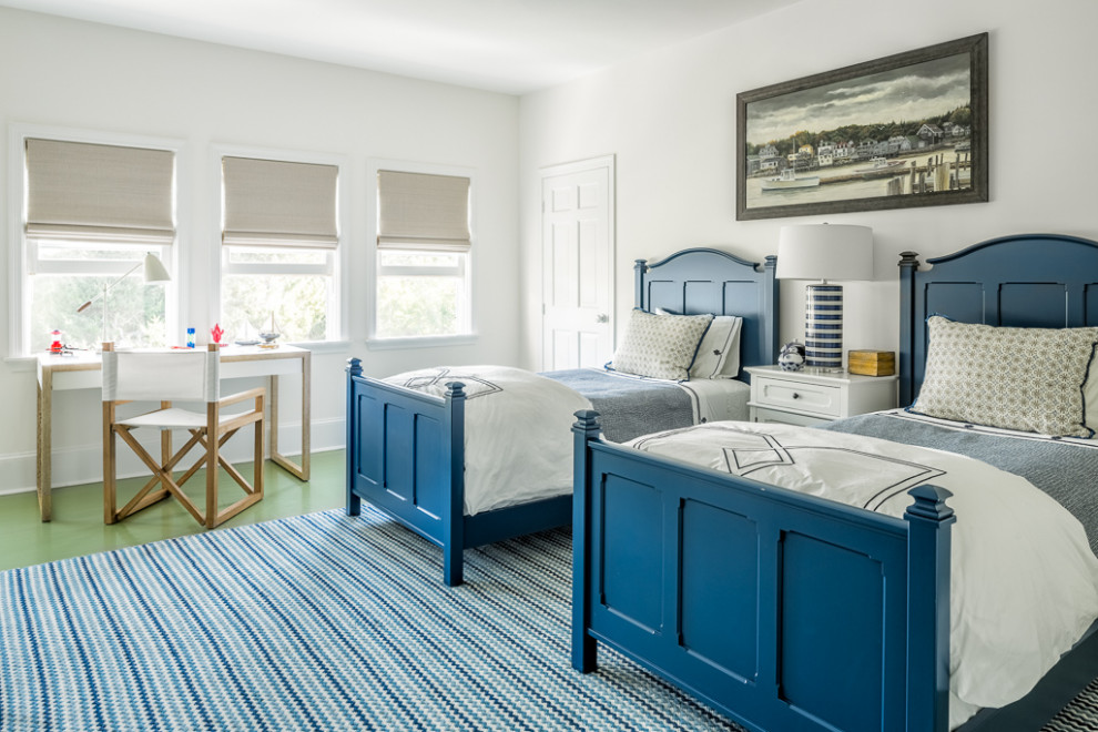 Design ideas for a beach style gender-neutral kids' bedroom in Portland Maine with white walls, green floor and painted wood floors.