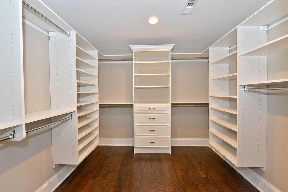 Inspiration for a large arts and crafts gender-neutral walk-in wardrobe in New York with raised-panel cabinets, white cabinets and dark hardwood floors.