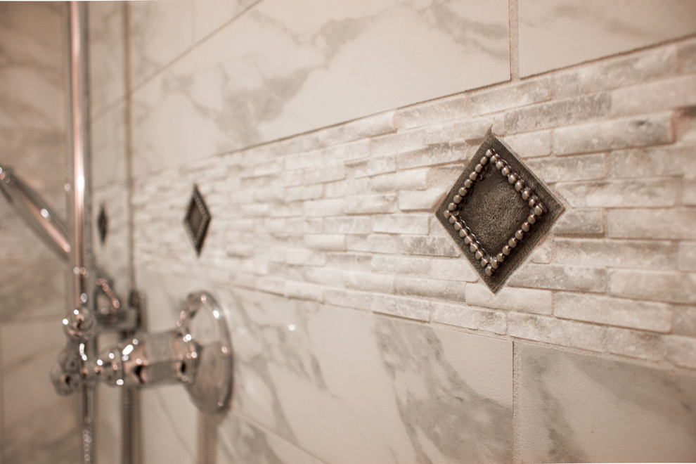 Inspiration for a transitional master porcelain tile and beige tile wet room remodel in Cedar Rapids with beige walls