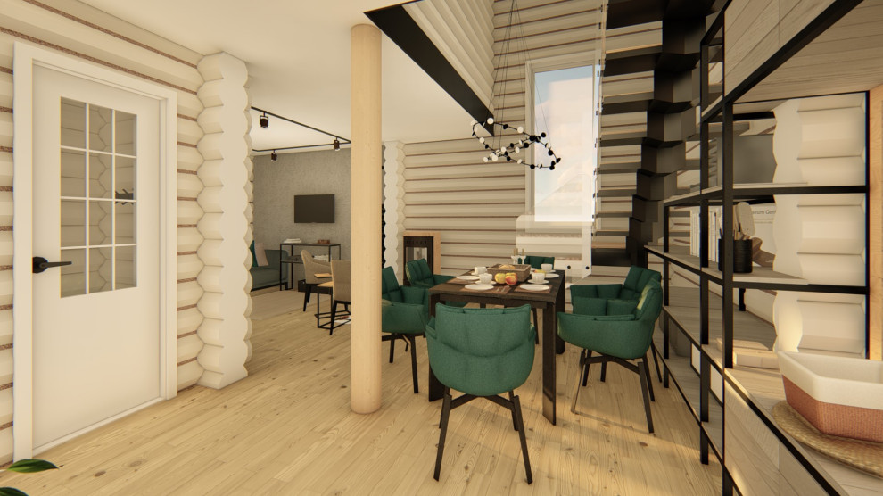 Интерьер двухэтажного коттеджа из оцилиндрованного бревна