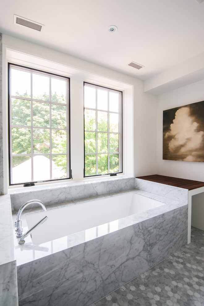Large eclectic master bathroom in Toronto with shaker cabinets, white cabinets, a drop-in tub, an alcove shower, white walls, mosaic tile floors, an undermount sink and engineered quartz benchtops.