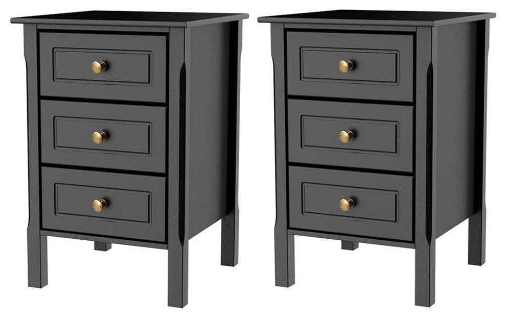 Set Of 2 Tall Bedside Table Pinewood Legs And 3 Storage Drawers Black Transitional Nightstands And Bedside Tables By Efurnish