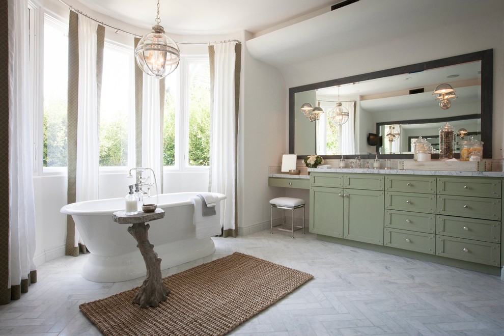 Inspiration for an expansive bathroom in Los Angeles with an undermount sink, shaker cabinets, green cabinets, marble benchtops, a freestanding tub, stone tile, white walls, marble floors and with a sauna.