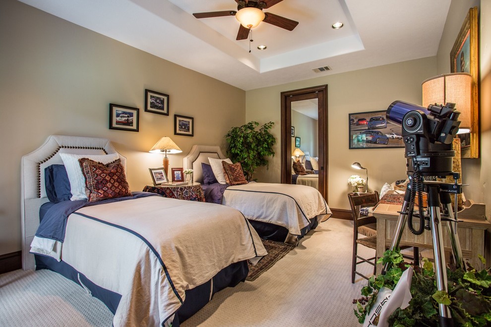 Mid-sized traditional guest bedroom in Houston with beige walls, carpet and beige floor.