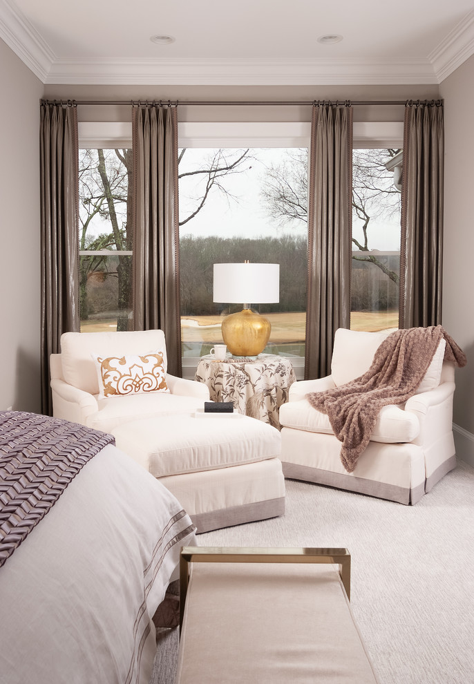 This is an example of a large traditional master bedroom in Atlanta with grey walls, carpet and grey floor.