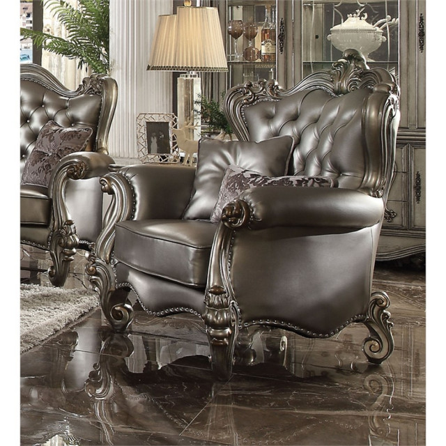 ACME Versailles Faux Leather Tufted Back Chair in Silver and Antique ...