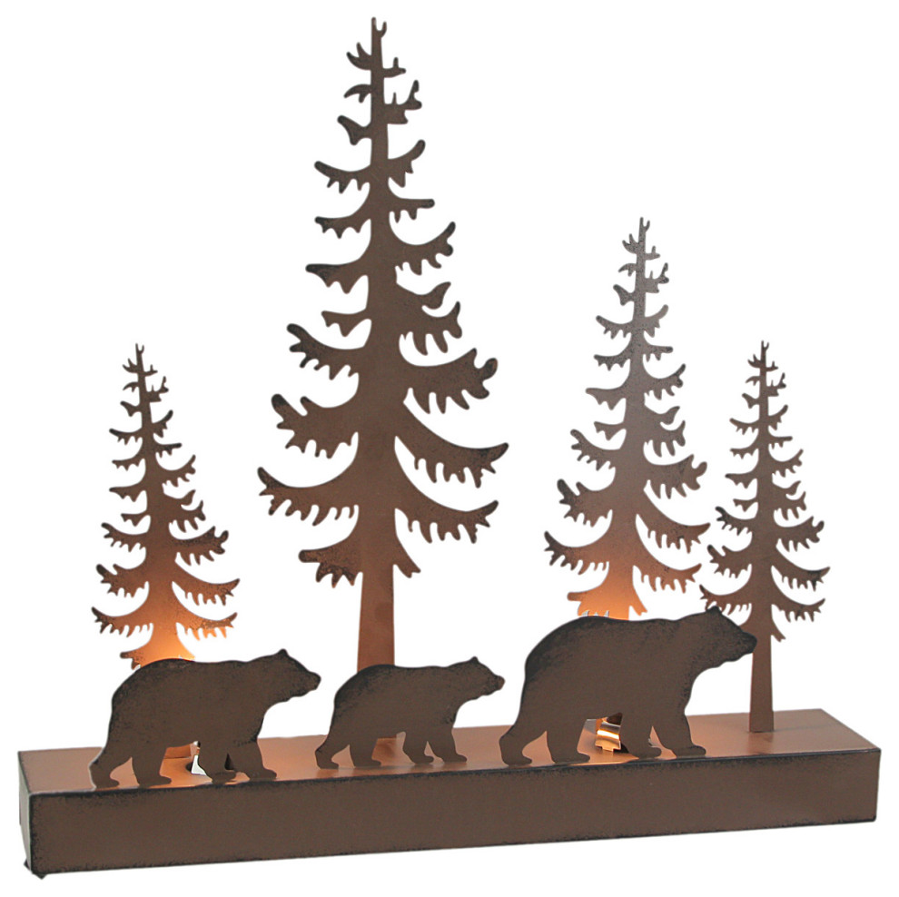 Rustic Brown Metal Black Bears in Forest Silhouette Ambient Light