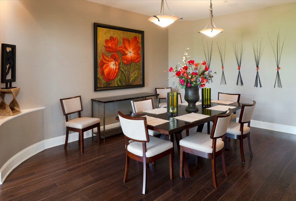 Photo of an expansive eclectic open plan dining in Denver with beige walls, dark hardwood floors and no fireplace.