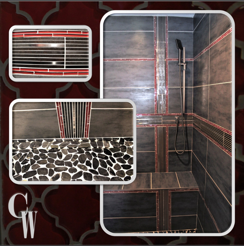 Inspiration for a large master red tile and glass tile porcelain tile, gray floor and double-sink doorless shower remodel with raised-panel cabinets, black cabinets, a one-piece toilet, gray walls, a vessel sink, quartz countertops, white countertops and a built-in vanity