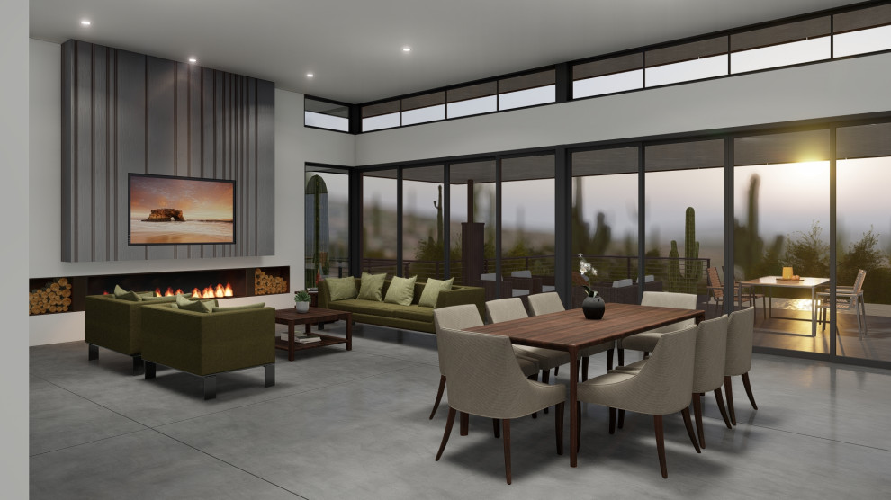 This is an example of a modern open concept living room in Phoenix with white walls, concrete floors and grey floor.
