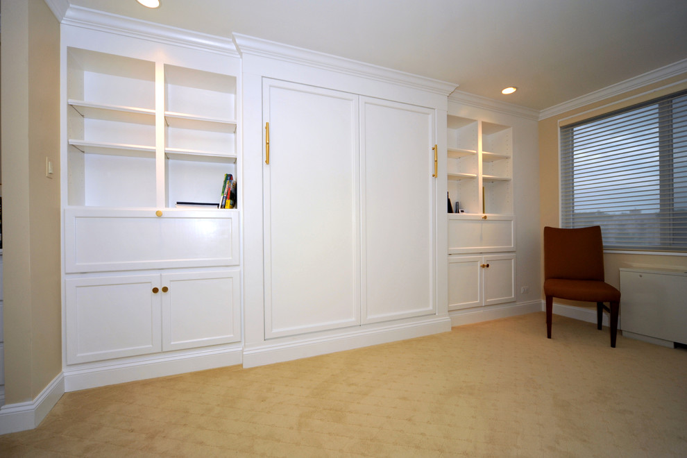 Design ideas for a large traditional master bedroom in DC Metro with beige walls, carpet, no fireplace and yellow floor.