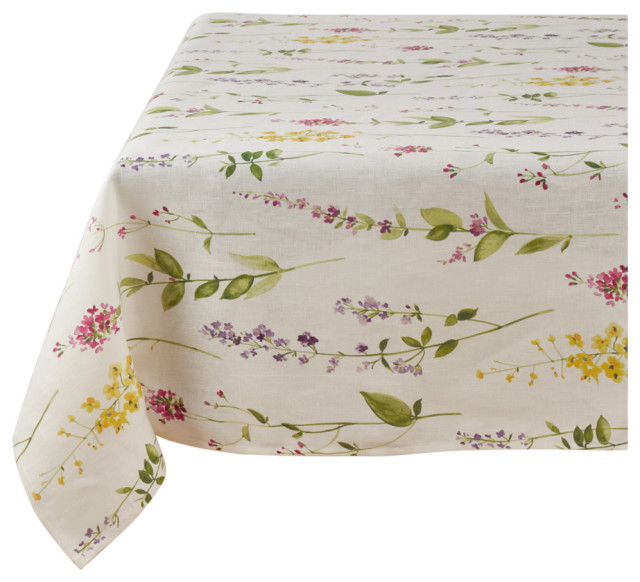 Linen Tablecloth With Watercolor Floral Stems, 60"x60", Off-White, Square