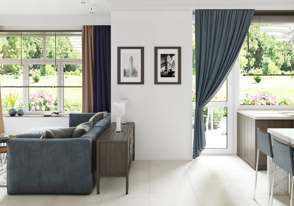 Просторная светлая кухня-гостиная 54м2 для молодой пары