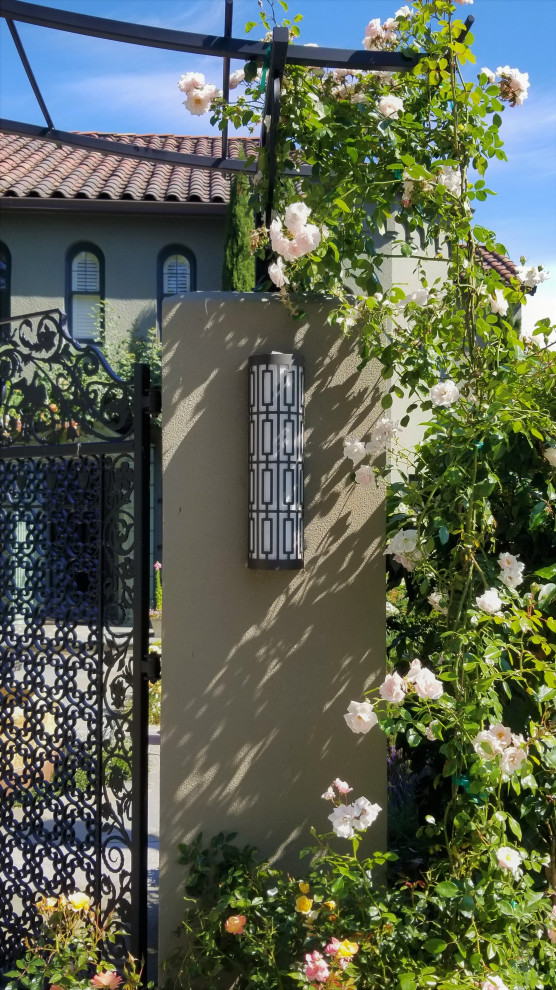 Immagine di un giardino formale mediterraneo esposto in pieno sole davanti casa in estate con cancello, pavimentazioni in pietra naturale e recinzione in metallo