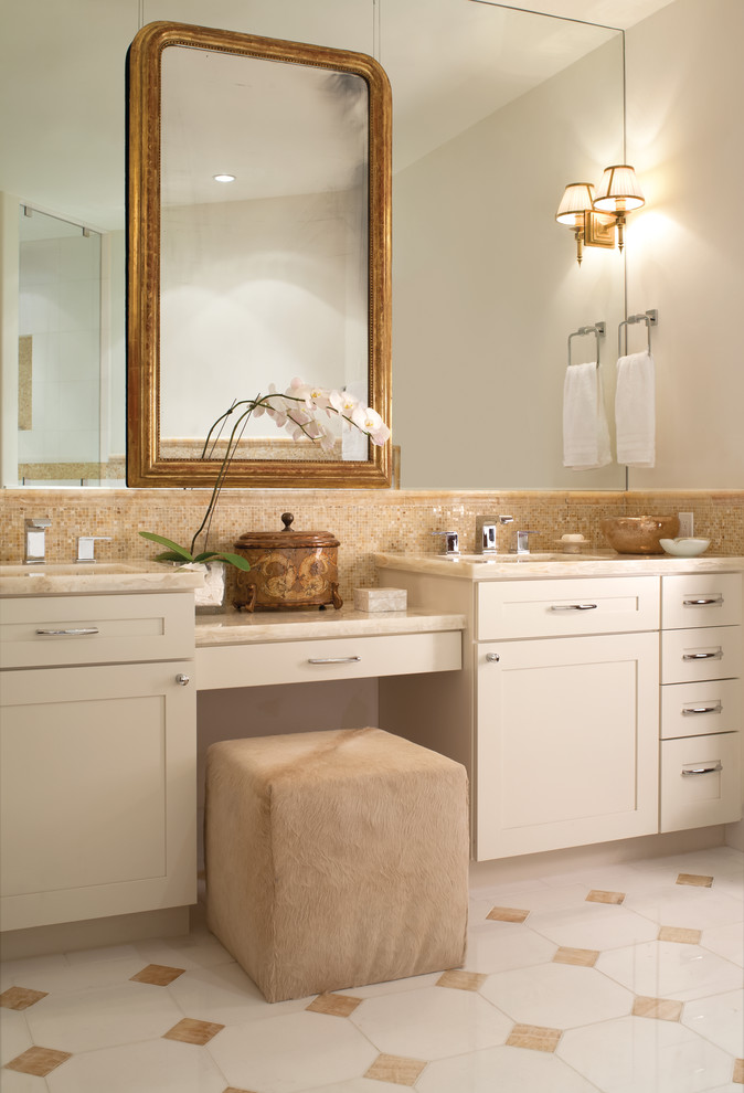 Design ideas for a contemporary bathroom in Denver with shaker cabinets, beige cabinets, beige tile and mosaic tile.