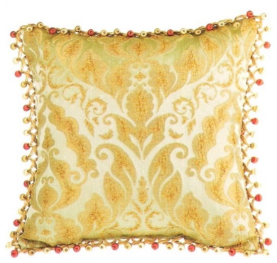 Fantasia gold damask pattern print 18" x 18" throw pillow with berry tassell tri