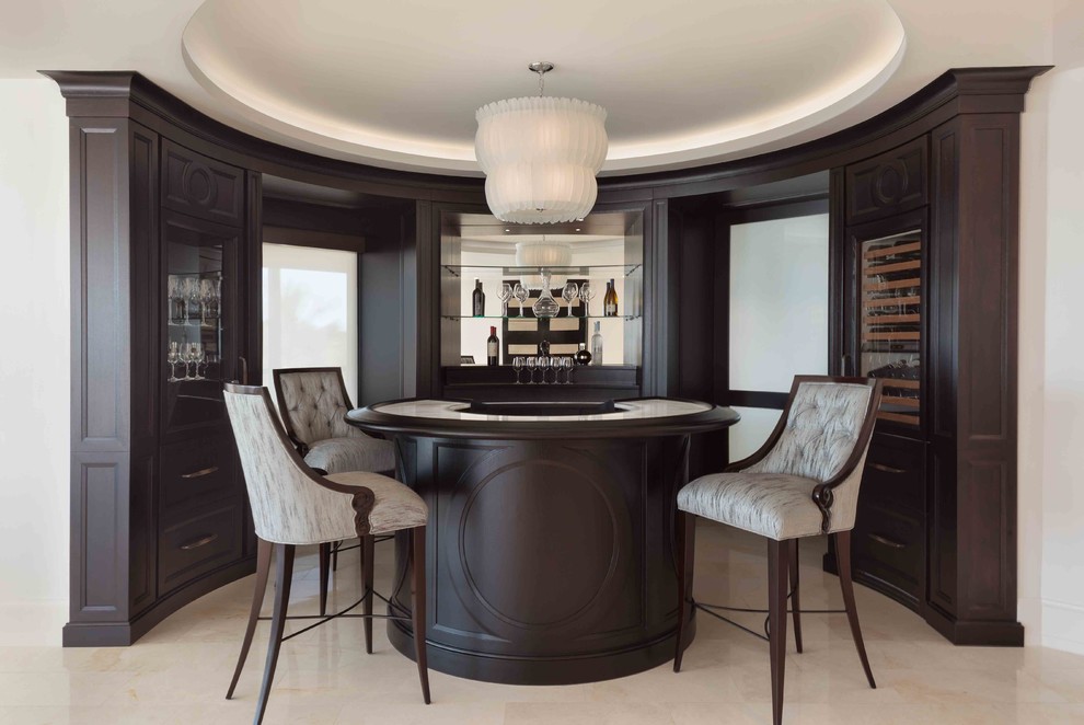 Inspiration for a large transitional u-shaped home bar in Miami with open cabinets, dark wood cabinets, granite benchtops and porcelain floors.