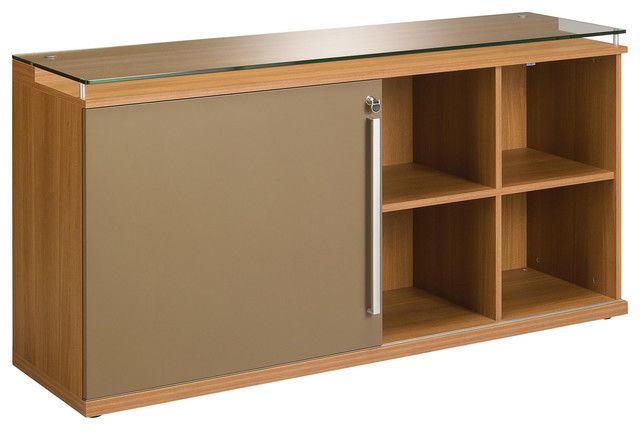 Sliver Storage Cabinet With Glass Top and Sliding Door, Walnut Finish