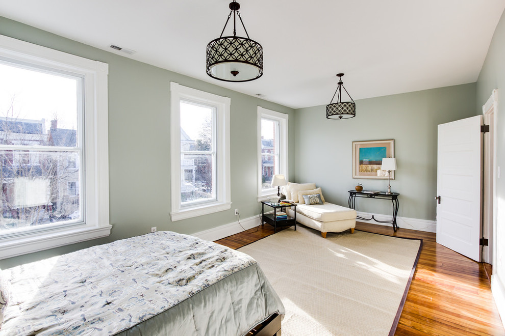 Traditional bedroom in Richmond with blue walls, medium hardwood floors and no fireplace.