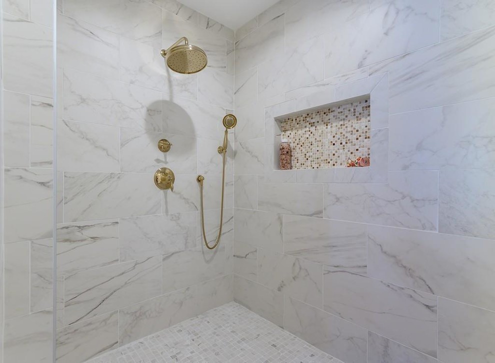 Inspiration for a large traditional master bathroom in Boston with raised-panel cabinets, white cabinets, a claw-foot tub, an open shower, a two-piece toilet, white tile, marble, beige walls, cement tiles, an undermount sink, quartzite benchtops, white floor, an open shower and white benchtops.