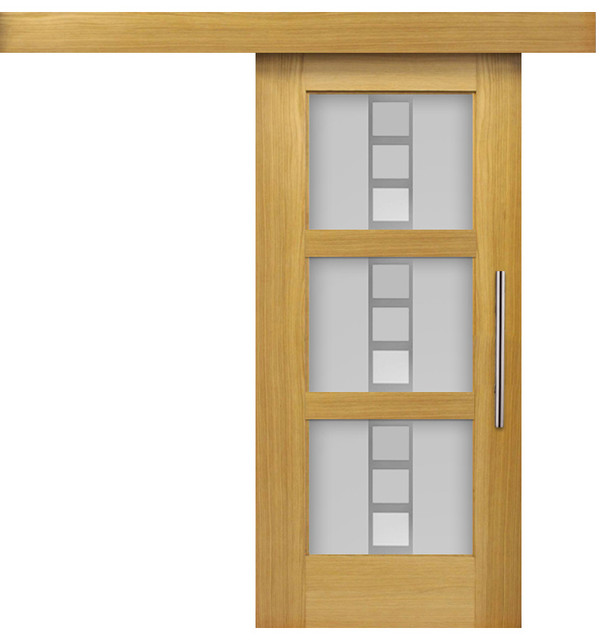 Solid Oak Wood Sliding Barn Door and Frosted Desing, 26"x81", Carbon Steel Handl