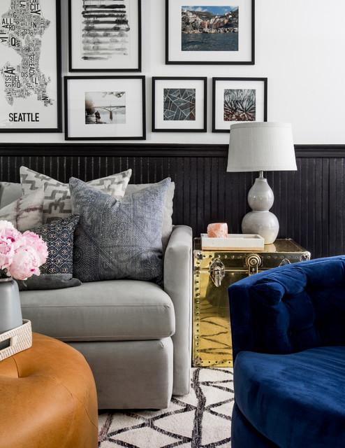Modern Eclectic Gray and Blue Basement - Transitional - Basement