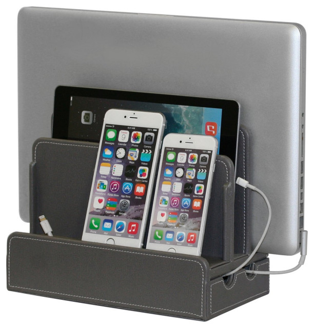 Multi-Device Charging Station & Dock, Gray Leatherette, Without Power Supply